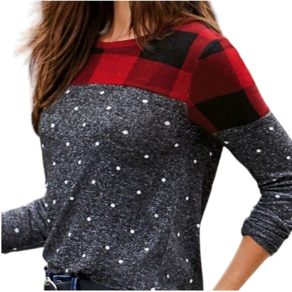 Maurices Buffalo Plaid Polka Dot Blocked Football Tee Womens Medium Holiday Top - Picture 1 of 8